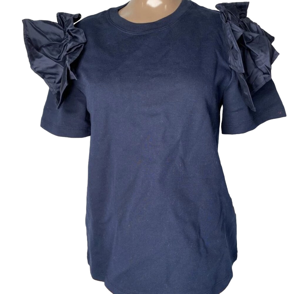 NEW  ADEAM Womens Top Navy Size XS Ruffled Crewneck Pull-Over Short Sleeves
